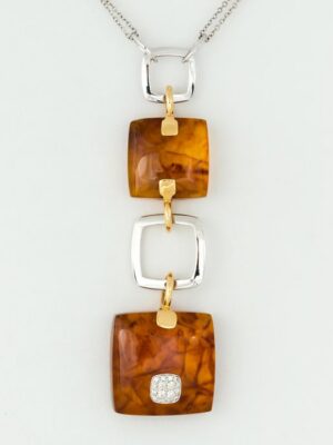 Talento Italiano white and yellow gold chain and pendant with diamonds and amber