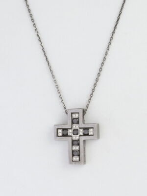 Damiani white gold chain and cross pendant with black and white diamonds