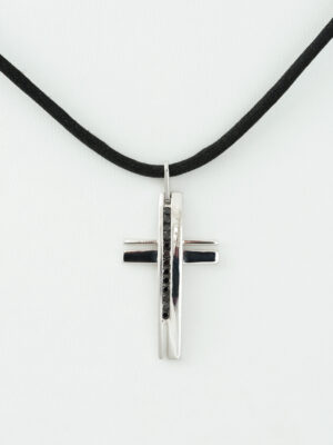 Salvini Leather necklace and white gold cross pendant with black diamonds