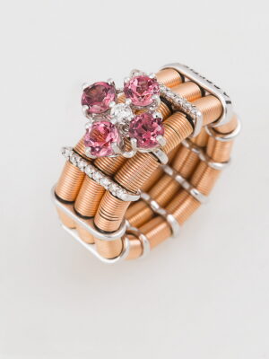 Jarretiere pink and white gold elastic ring with pink tourmaline and diamonds