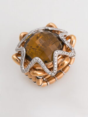 Jarretiere pink and white gold elastic ring with yellow citrine and diamonds
