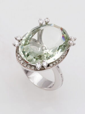 Alfieri & St.John white gold ring with green praziolide and diamonds