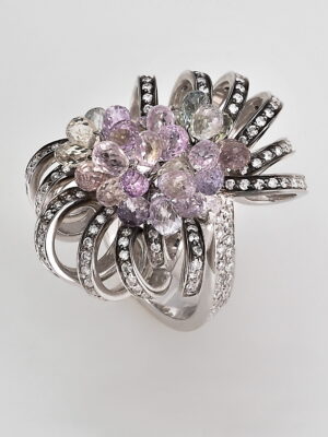 Alfieri & St.John white gold ring with white diamonds and semi precious stones